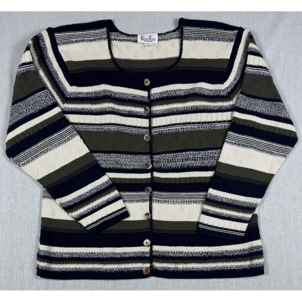 Reba Rose Striped Knit Cardigan Sweater Button Front Casual Top Sz 18/20 Vintage